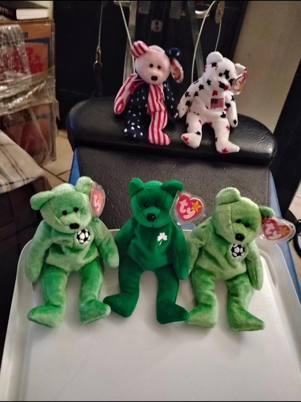 #3 Ty Green Soccer Bear Beanie Baby with Heart Tags 1 Clover Beanie Babie,